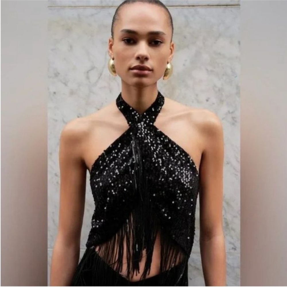 Zara holiday velvet halter sequin fringe jumpsuit size medium